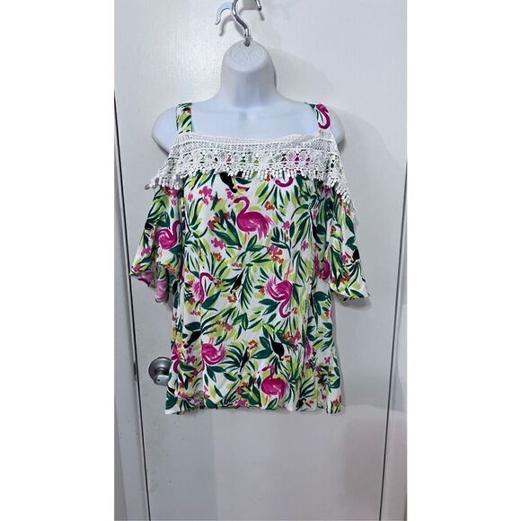HAILEY LYN OFF TGE SHOULDER FLAMINGO TOP SIZE 1XL - Picture 2 of 9
